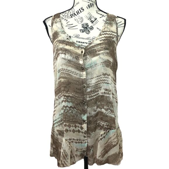 Maurices MEDIUM Brown Sheer Patterned Flair Waist Button Up Racerback Tank - Picture 1 of 10